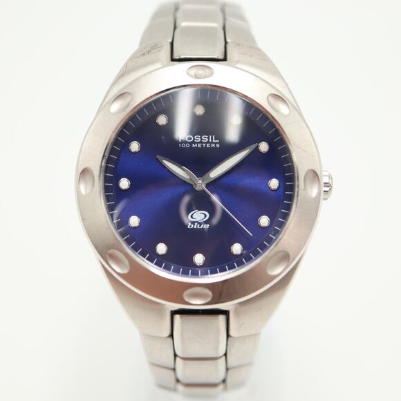 Fossil Blue Mens Silver Tone Blue Dial Watch AM-3319 Stainless Steel New Battery - Picture 5 of 14